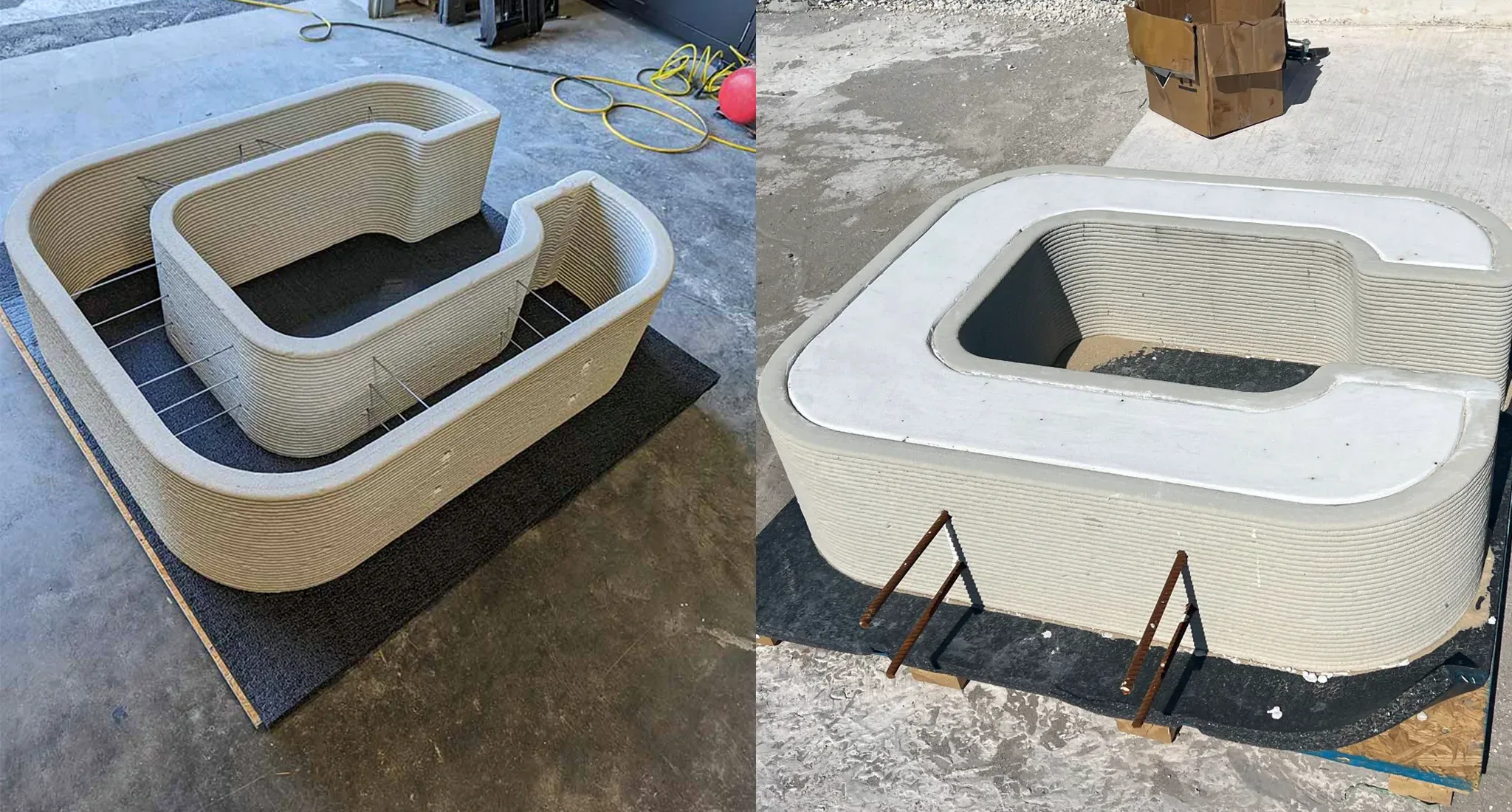 Side-by-side view of CIMSA sign form in Printera’s shop and on-site filled with reinforcement