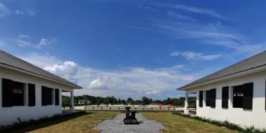 View from Wellington Farms showing concrete column-lined buildings and horse training field