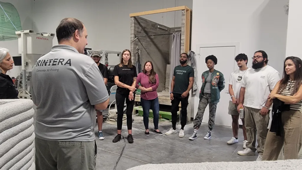 FIU architecture students visiting Printera to learn about 3D concrete printing and its role in modern design and construction.