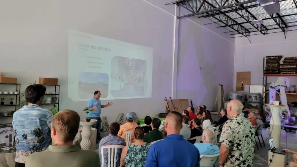 Printera hosting a presentation for the Treasure Coast Builders Association showcasing 3D concrete printing technology and design applications.