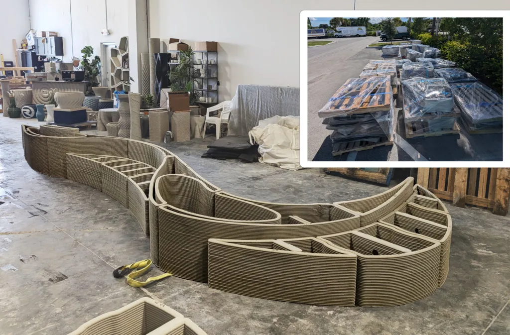 Printera team dry fitting the 3D printed concrete bench for the 25th floor of SoMa Residences at 25 Water inside the Florida production facility.