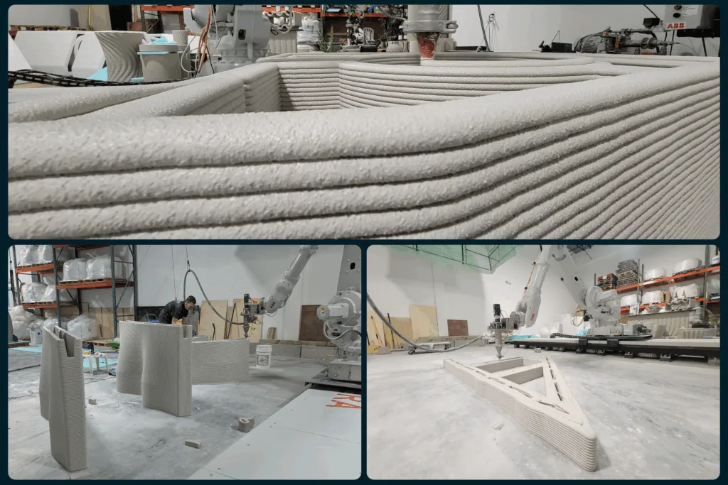 Collage showing various 3D concrete printing projects in production at Printera’s shop in 2025, highlighting active fabrication and ongoing experimentation.