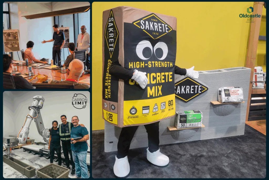 Collage of industry events in 2025 showing Printera’s partnerships with Oldcastle APG and Carbon Limit, highlighting collaboration around 3D concrete printing.
