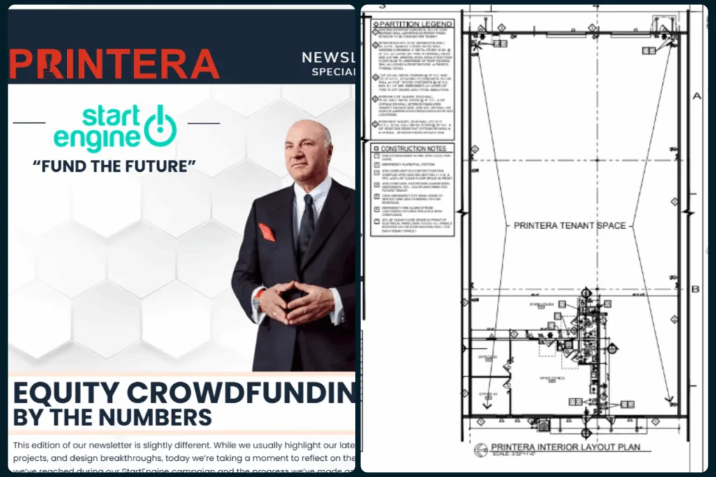 Collage showing Printera’s 2025 StartEngine campaign and new facility floor plan, highlighting company growth and expanded 3D concrete printing capacity.