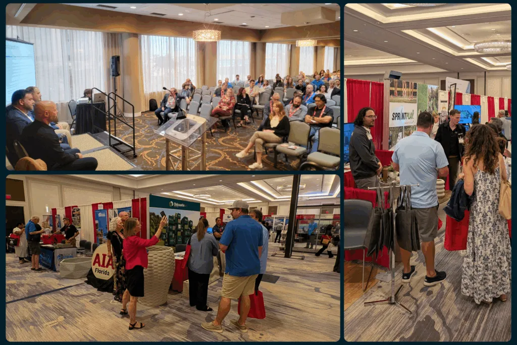 Collage showing Printera’s participation in 2025 trade shows, including AIA Florida, ASLA Florida, and other industry events featuring 3D concrete printing.