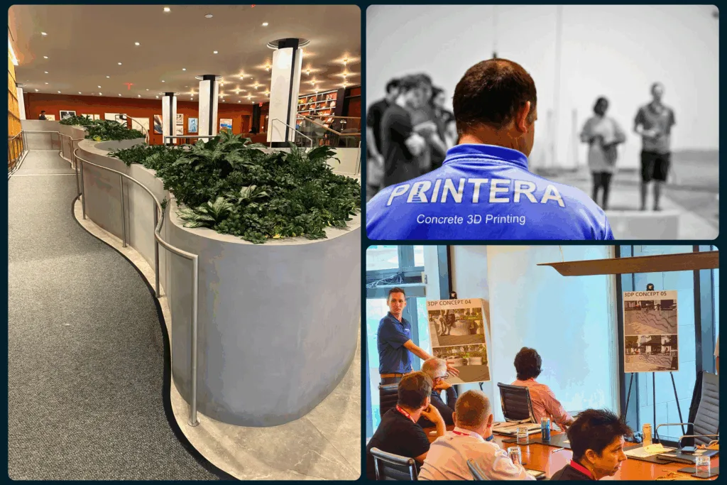 Collage showing Printera’s 2025 projects, presentations, and shop visits, including the 25 Water Street project and hands-on 3D concrete printing outreach.