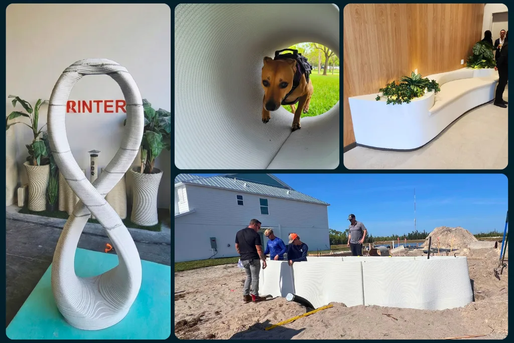Collage of custom 3D printed concrete projects by Printera