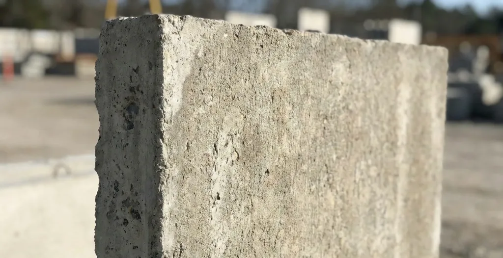 A close-up view of a textured, light gray precast concrete slab standing vertically outdoors with a blurred construction site in the background.
