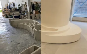 Off-site 3D concrete printing before and after — printed bench segment in Printera warehouse alongside finished installed piece at 25 Water Street New York