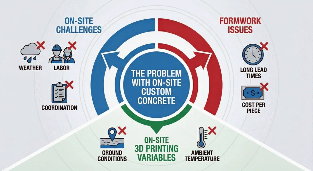 Infographic showing challenges of traditional and on-site custom concrete fabrication including weather delays formwork costs and labor complexity