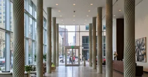 Rendered image of a concepts lobby featuring 3d concrete printed columns.