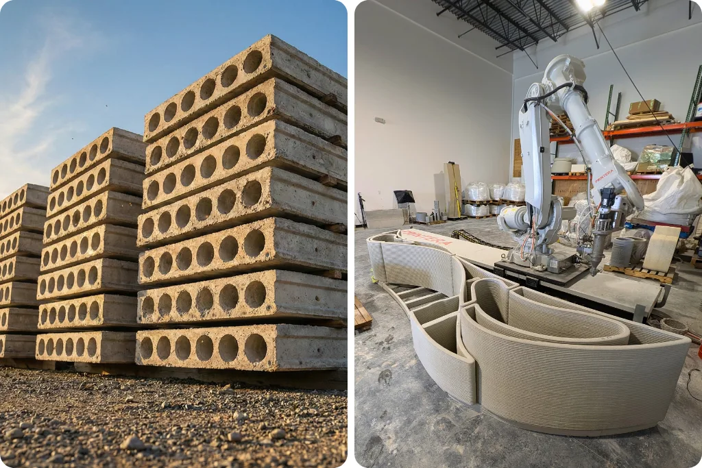 A split-frame photograph comparing two concrete production methods: on the right, a robotic arm extruded a layered 3D printed concrete planter with organic curves; on the left, rectangular precast concrete wall panels in a yard.