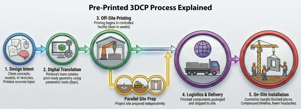 Infographic illustrating Printera's Pre-Printed process for off-site 3D concrete printing from design to fabrication to delivery