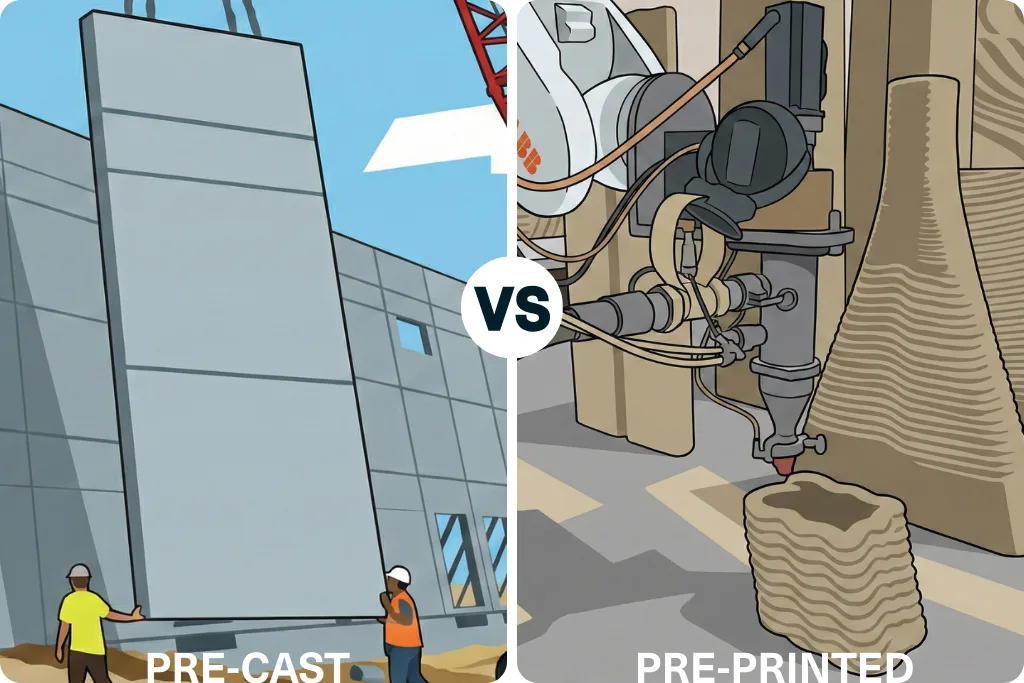 Robotic arm 3D printing a custom concrete element at Printera's warehouse, showing the Pre-Printed production process compared to traditional precast methods