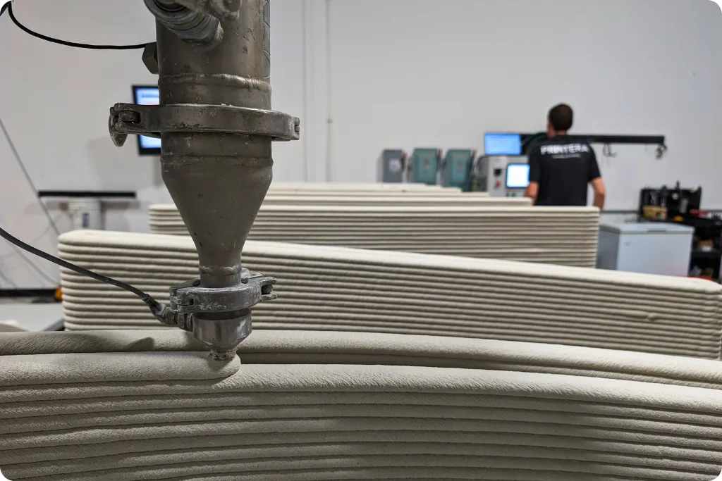 Close-up view of a 3D concrete printer nozzle extruding a layer of grey concrete onto a curved, heavily textured wall, with an operator wearing a Printera shirt monitoring controls in the blurred background.